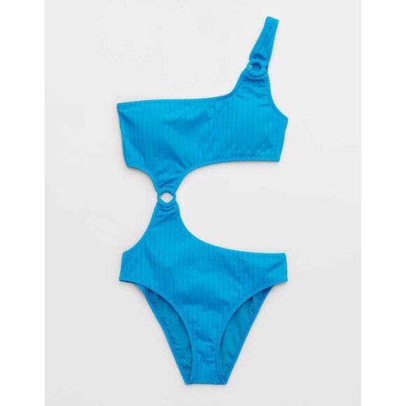 NWT AERIE Elite Blue Ribbed Cut-Out O-Ring Cheeky One Piece Swimsuit, Size M - Picture 3 of 12